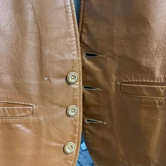 Vtg Schott NYC Caramel Brown Leather Button Up Vest Sz Med Made in USA